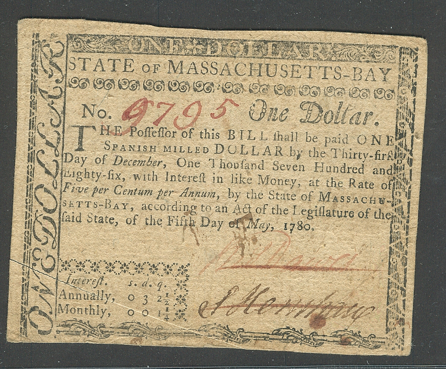MA-278, State of Massachusetts-Bay Interest Bearing Colonial, May 5, 1780 $1, 9795